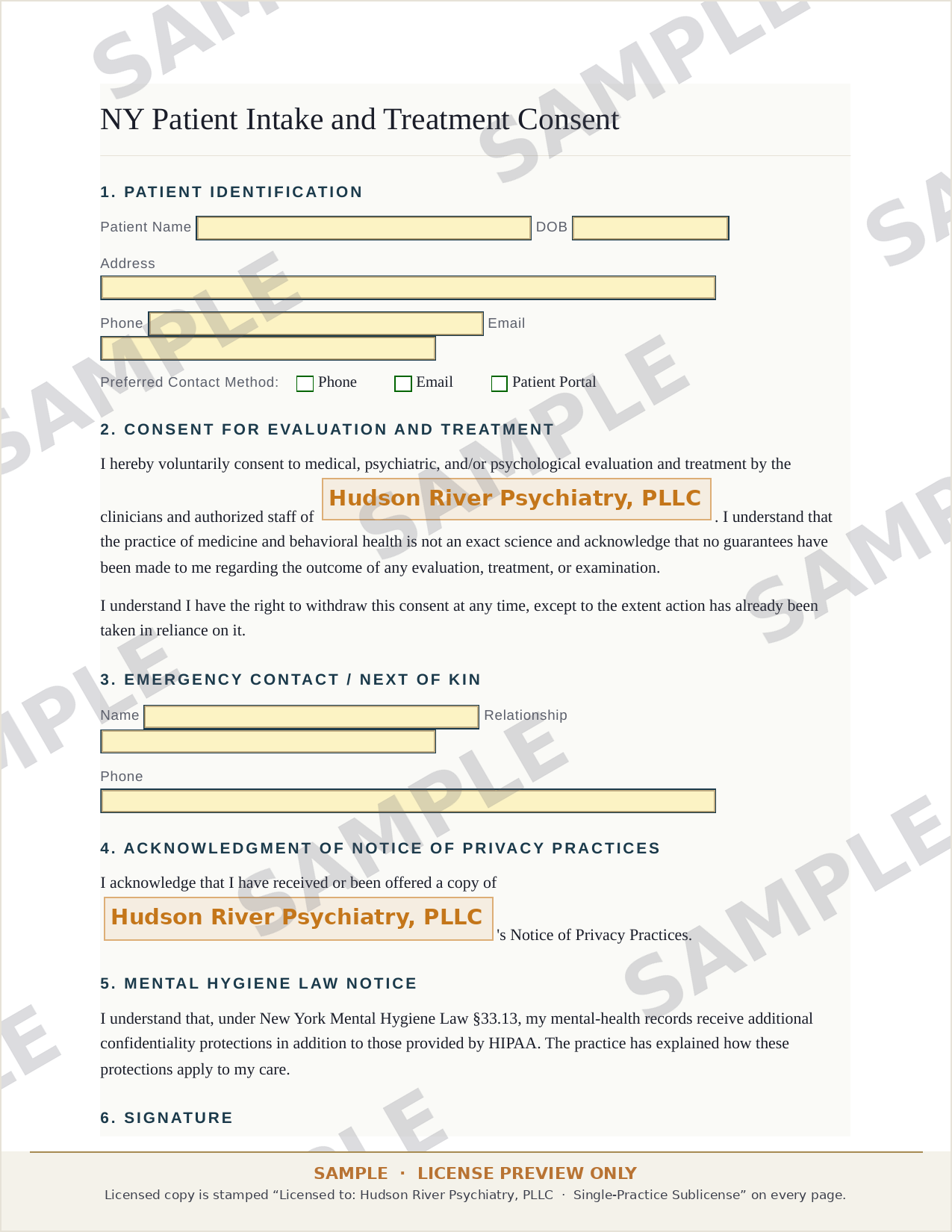 Sample: New York patient intake and consent